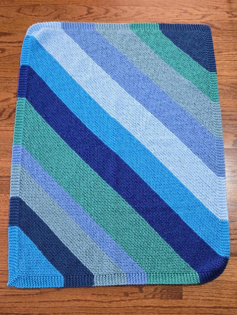 Handmade 34" x 25.5" Striped Knit Baby Lap Blanket in Blue, Teal & Navy
